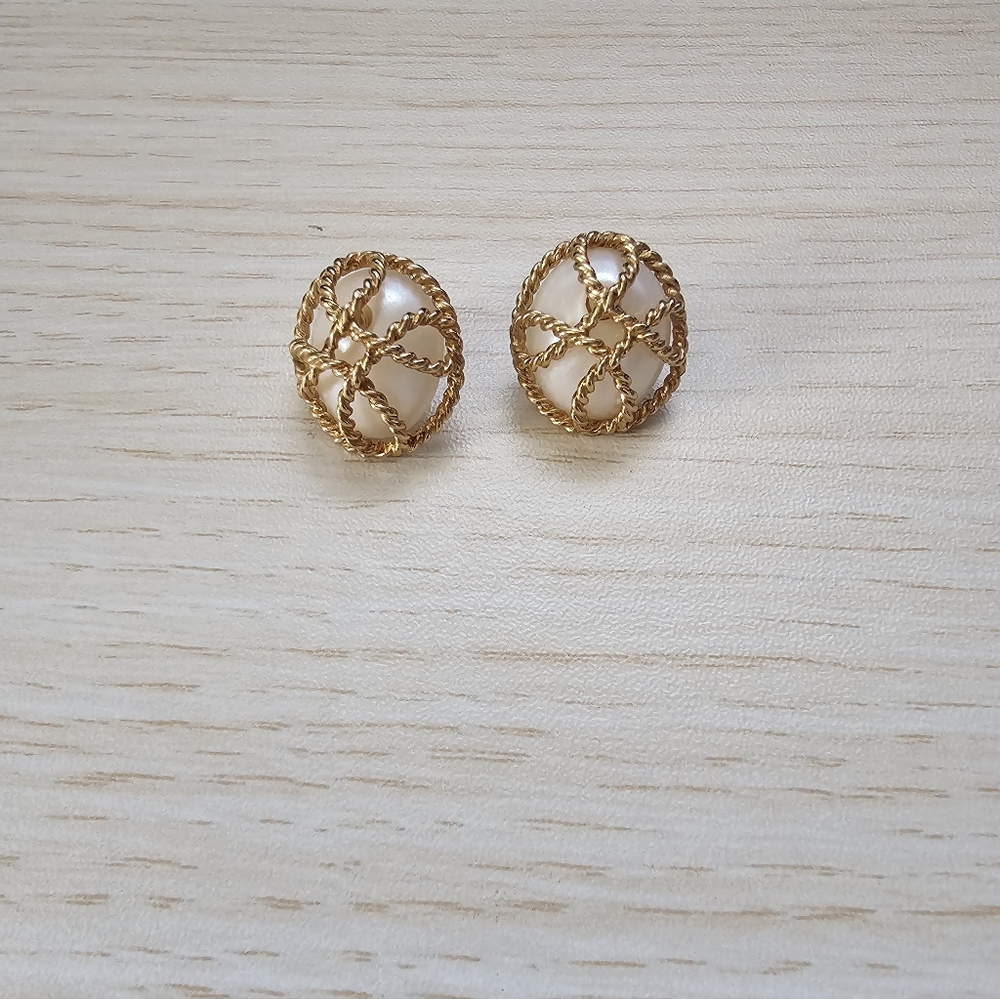 Vintage White Faux Pearl Earrings Gold Tone Cage Overlay, Classic Glam Statement